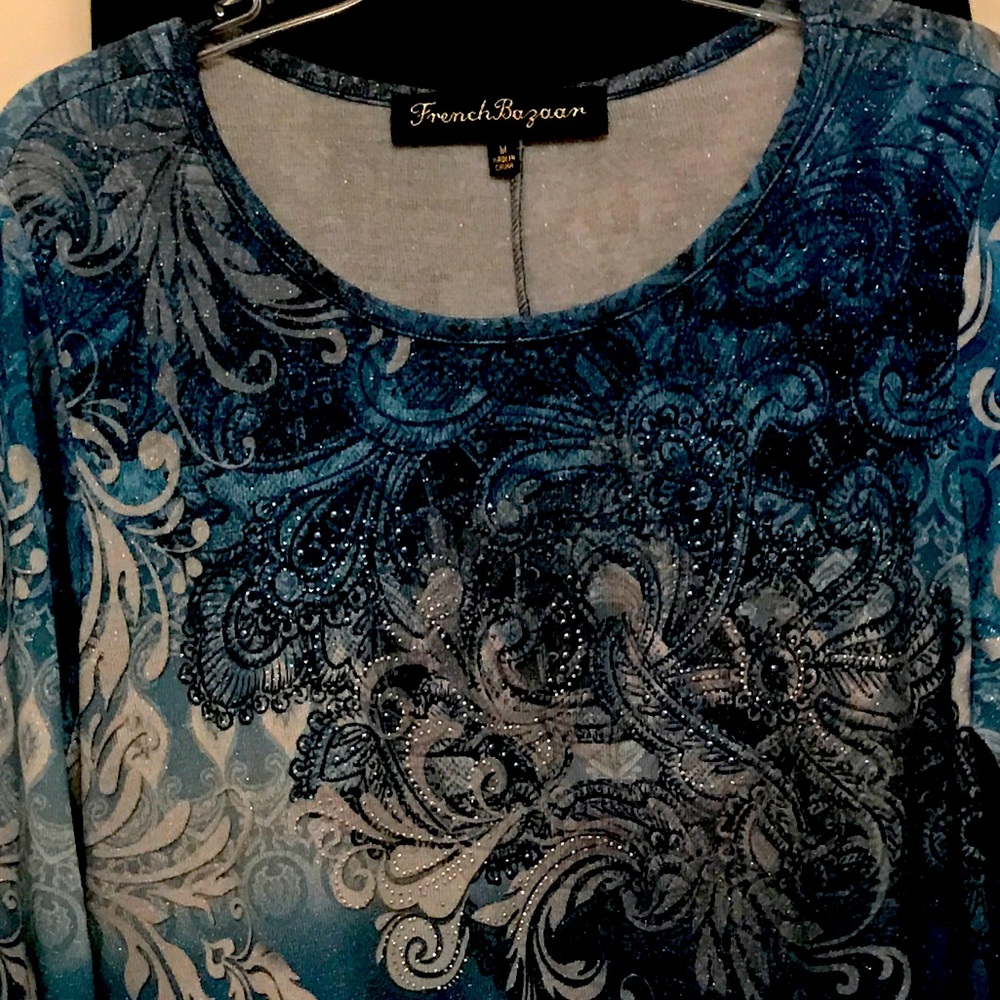 French Bazaar blue and silver tunic with rhinestone accents